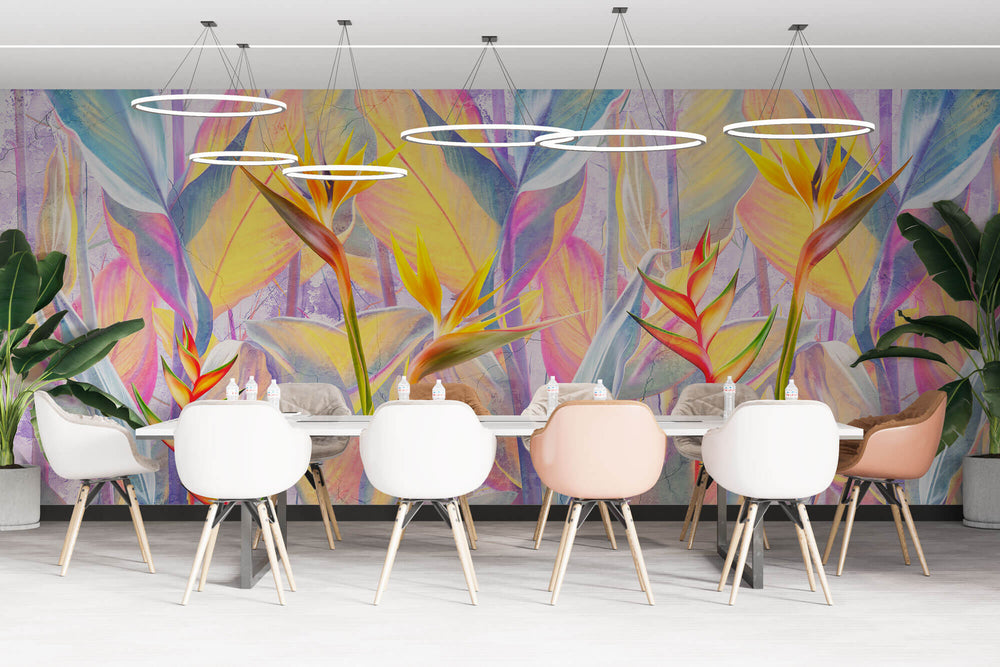 Tapet personalizat Tropical cu floarea paradisului in nuante vibrante de portocaliu si roz - FRENZY BIRD OF PARADISE