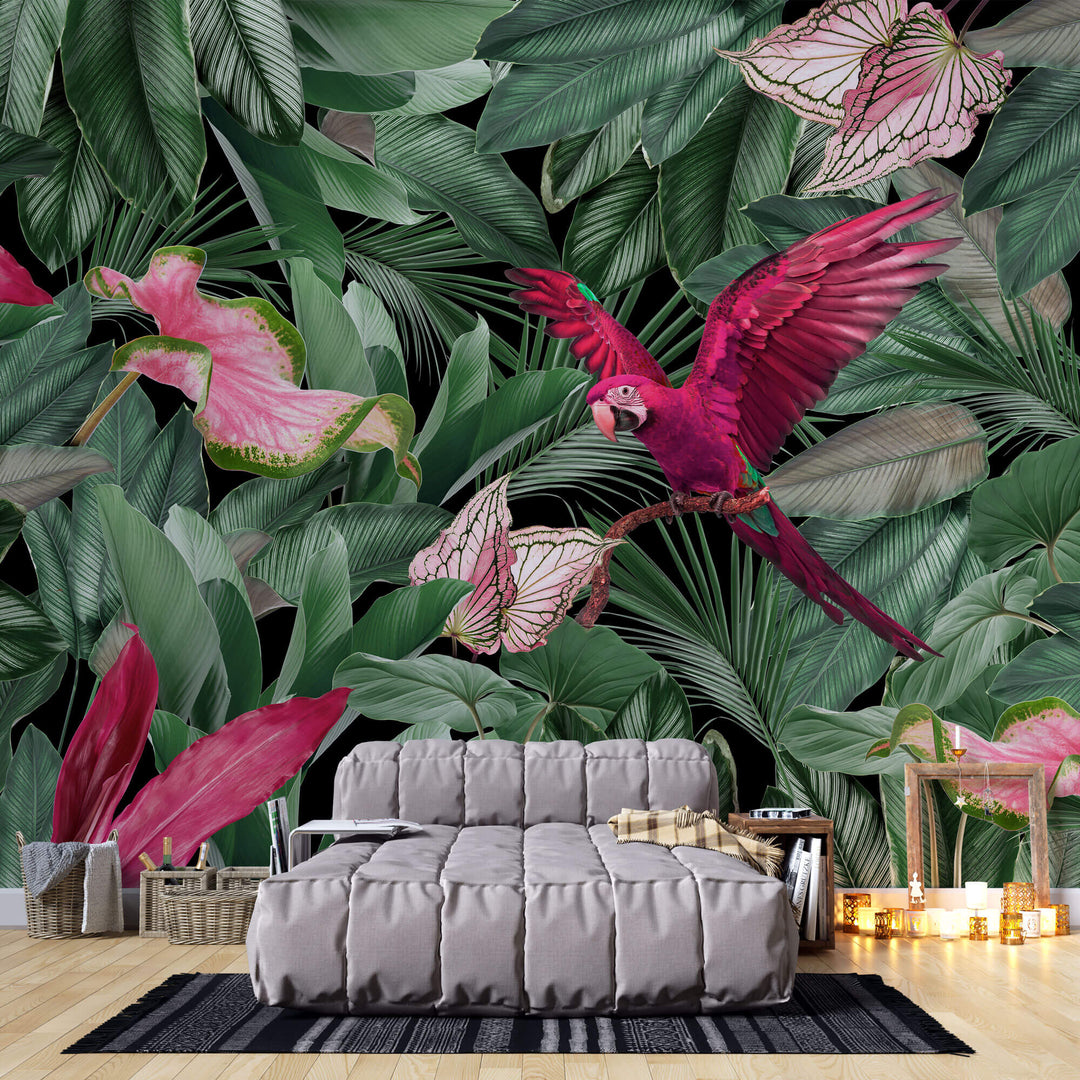 Tapet personalizat Tropical cu papagali si plante exotice roz - PINK PARROT