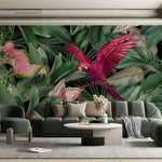 Tapet personalizat Tropical cu papagali si plante exotice roz - PINK PARROT