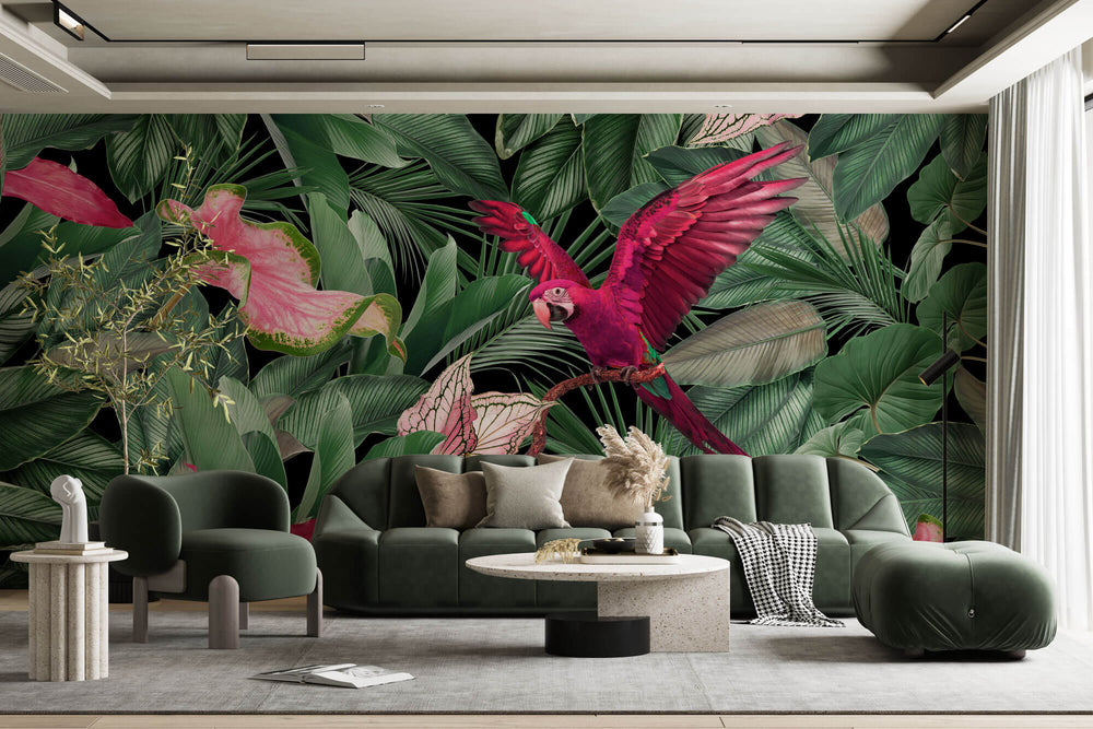 Tapet personalizat Tropical cu papagali si plante exotice roz - PINK PARROT