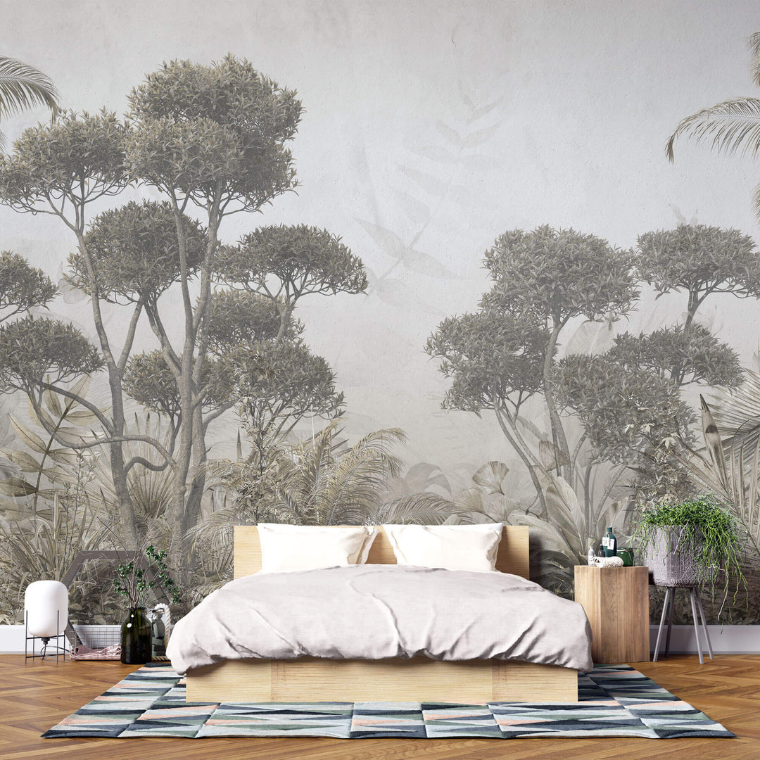 Tapet personalizat Tropical cu copaci si plante exotice - GREY RAINFOREST