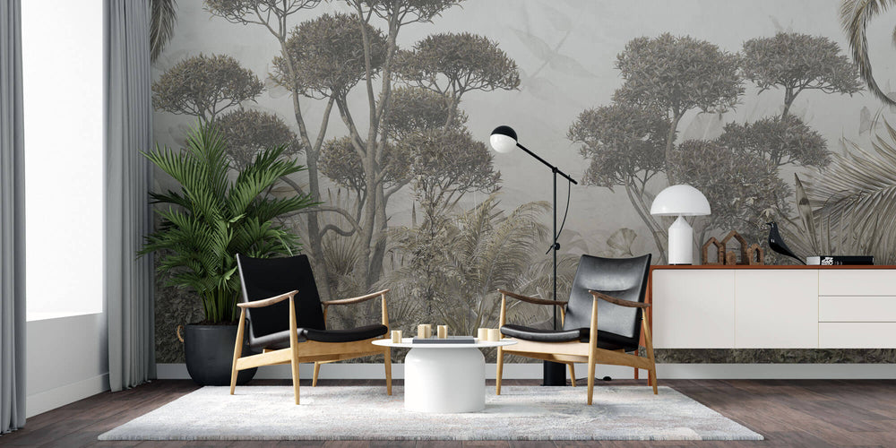 Tapet personalizat Tropical cu copaci si plante exotice - GREY RAINFOREST