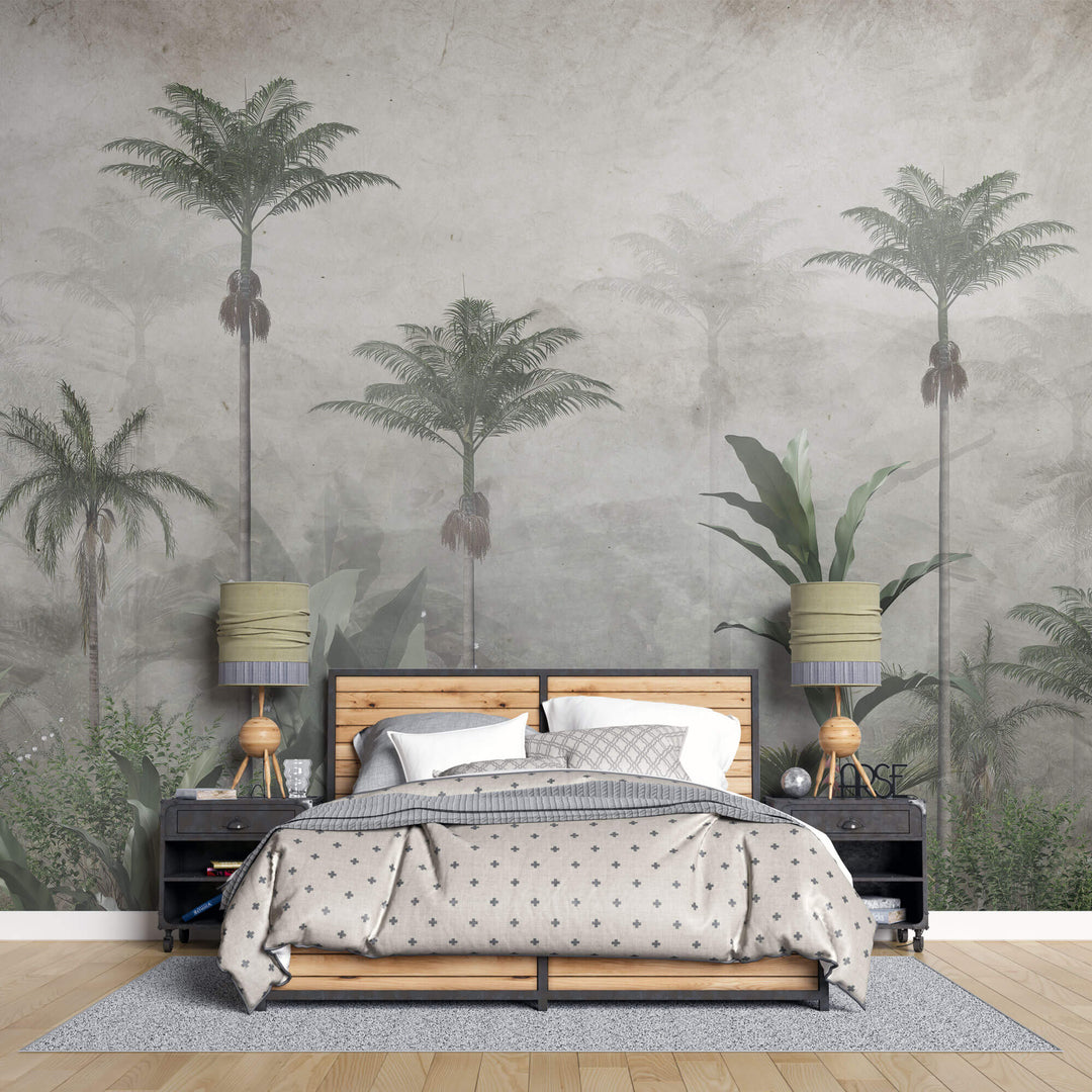 Tapet personalizat Tropical cu palmieri inalti si flori de margaritar - PEARL RAINFOREST