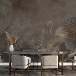 Tapet personalizat Tropical cu frunze tropicale si flamingo in nuante maronii - SEPIA TROPICAL FLAMINGO