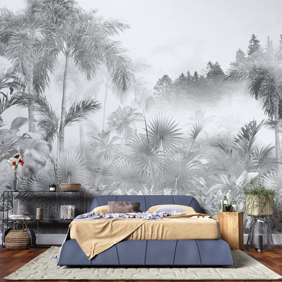 Tapet personalizat Tropical cu peisaj tropical in nuante de gri - GREYSCALE TROPICAL FOG I