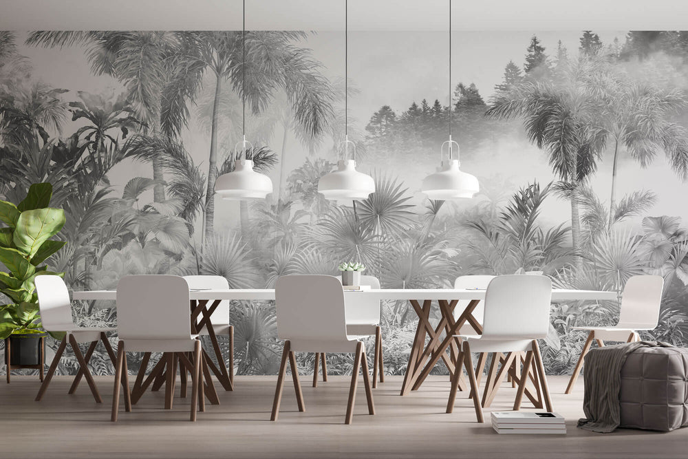 Tapet personalizat Tropical cu peisaj tropical in nuante de gri - GREYSCALE TROPICAL FOG I