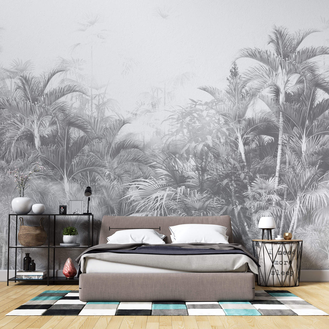 Tapet personalizat Tropical cu palmieri in nuante de gri - GREYSCALE TROPICAL FOG II