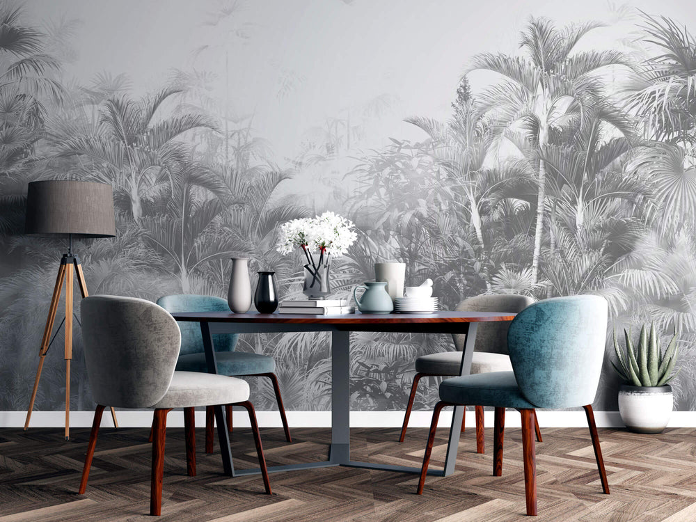 Tapet personalizat Tropical cu palmieri in nuante de gri - GREYSCALE TROPICAL FOG II