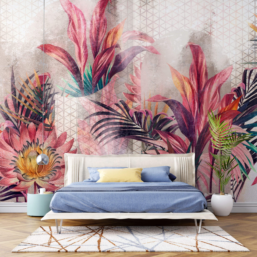 Tapet personalizat Tropical cu flori si plante tropicale roz - TROPICAL PINK ARCHES