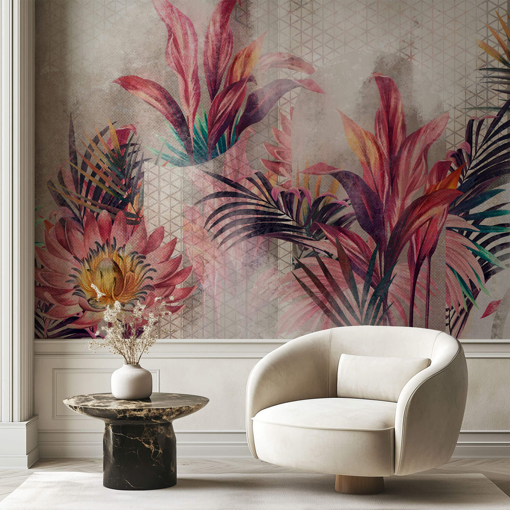 Tapet personalizat Tropical cu flori si plante tropicale roz - TROPICAL PINK ARCHES