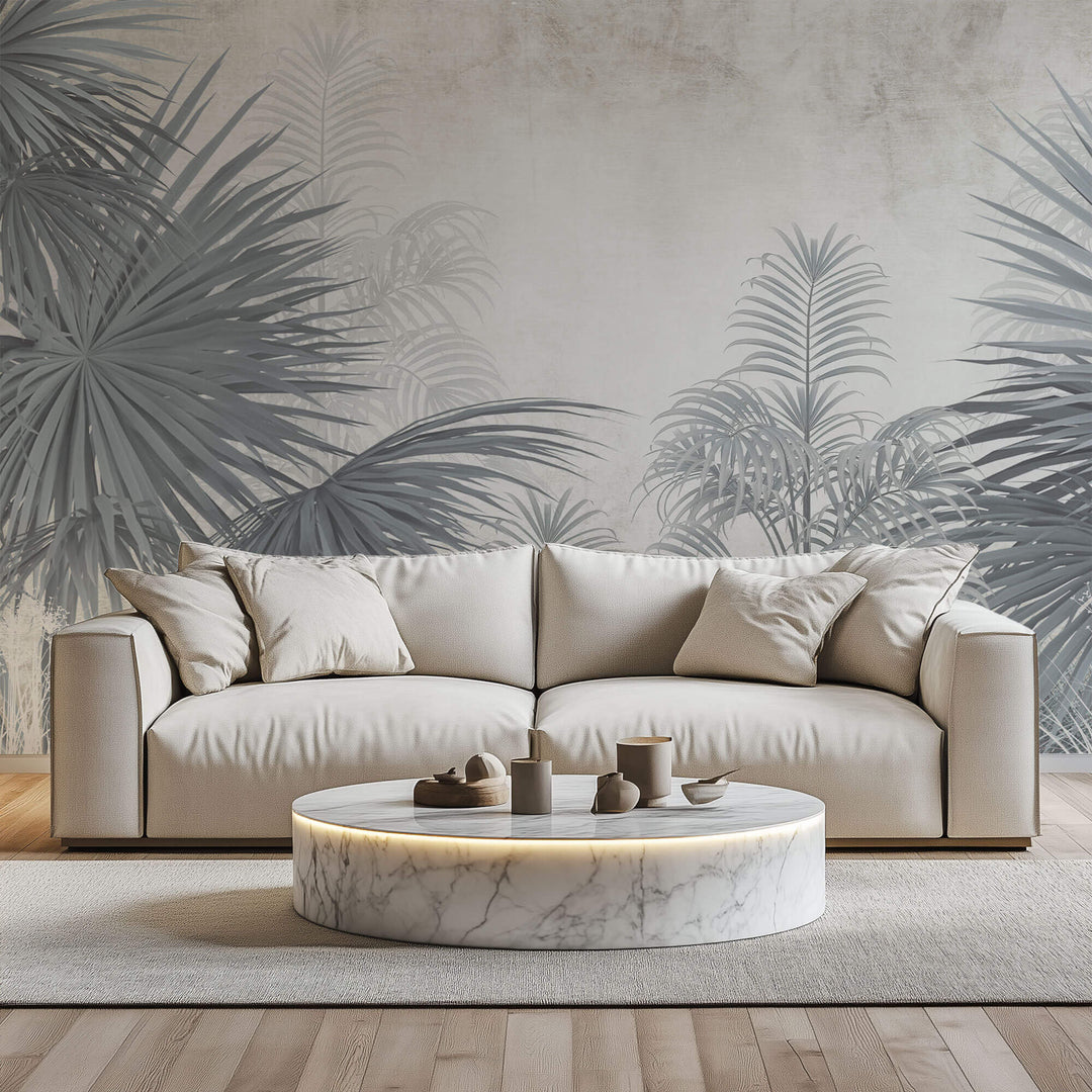 Tapet personalizat Tropical cu plante tropicale in nuante vernil gi - FADED SAGE PALMS