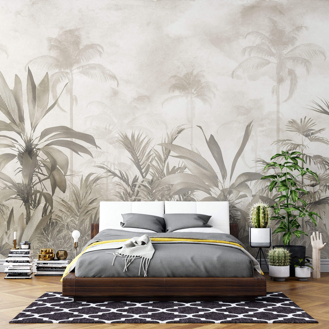 Tapet personalizat Tropical cu peisaj tropical in nuante sepia - FOGGY SEPIA JUNGLE
