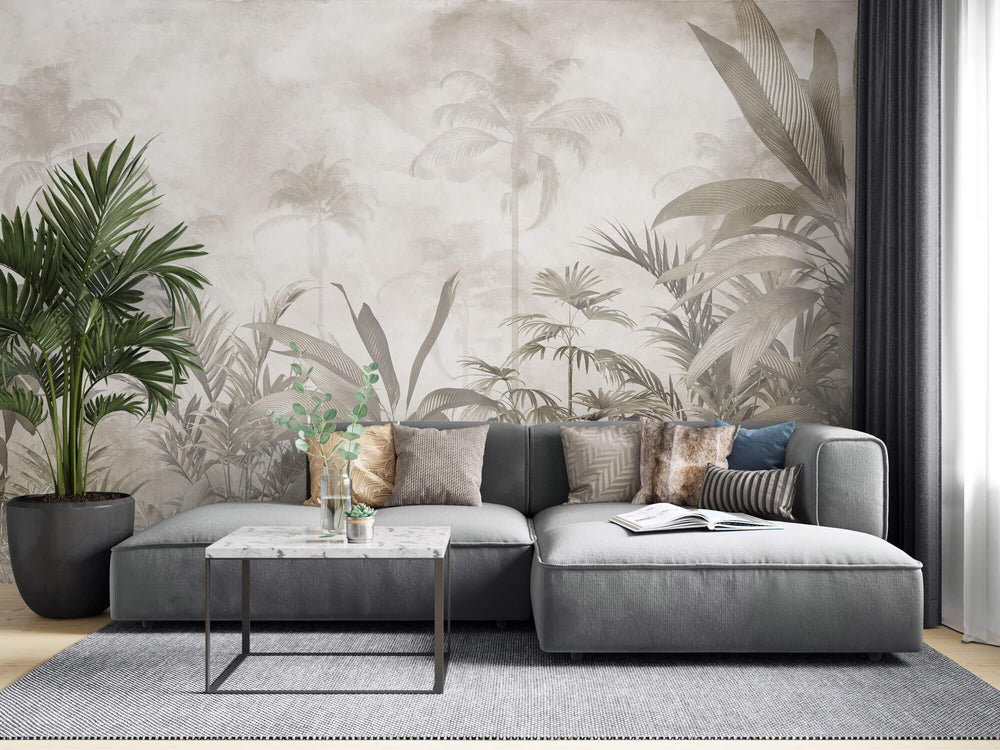 Tapet personalizat Tropical cu peisaj tropical in nuante sepia - FOGGY SEPIA JUNGLE