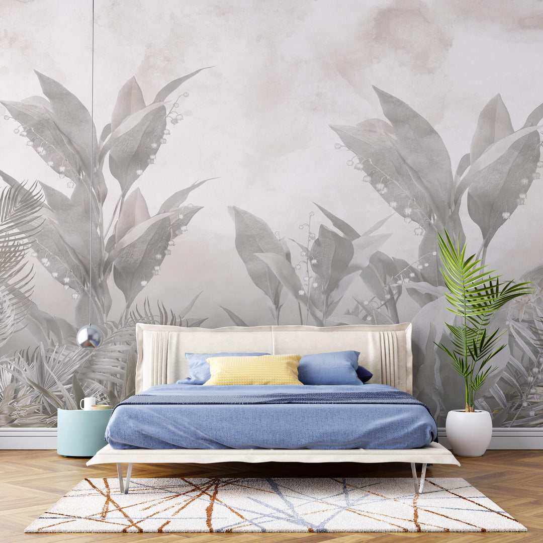 Tapet personalizat Tropical cu plante gri si flori de margaritar - TROPICAL LILY OF THE VALLEY