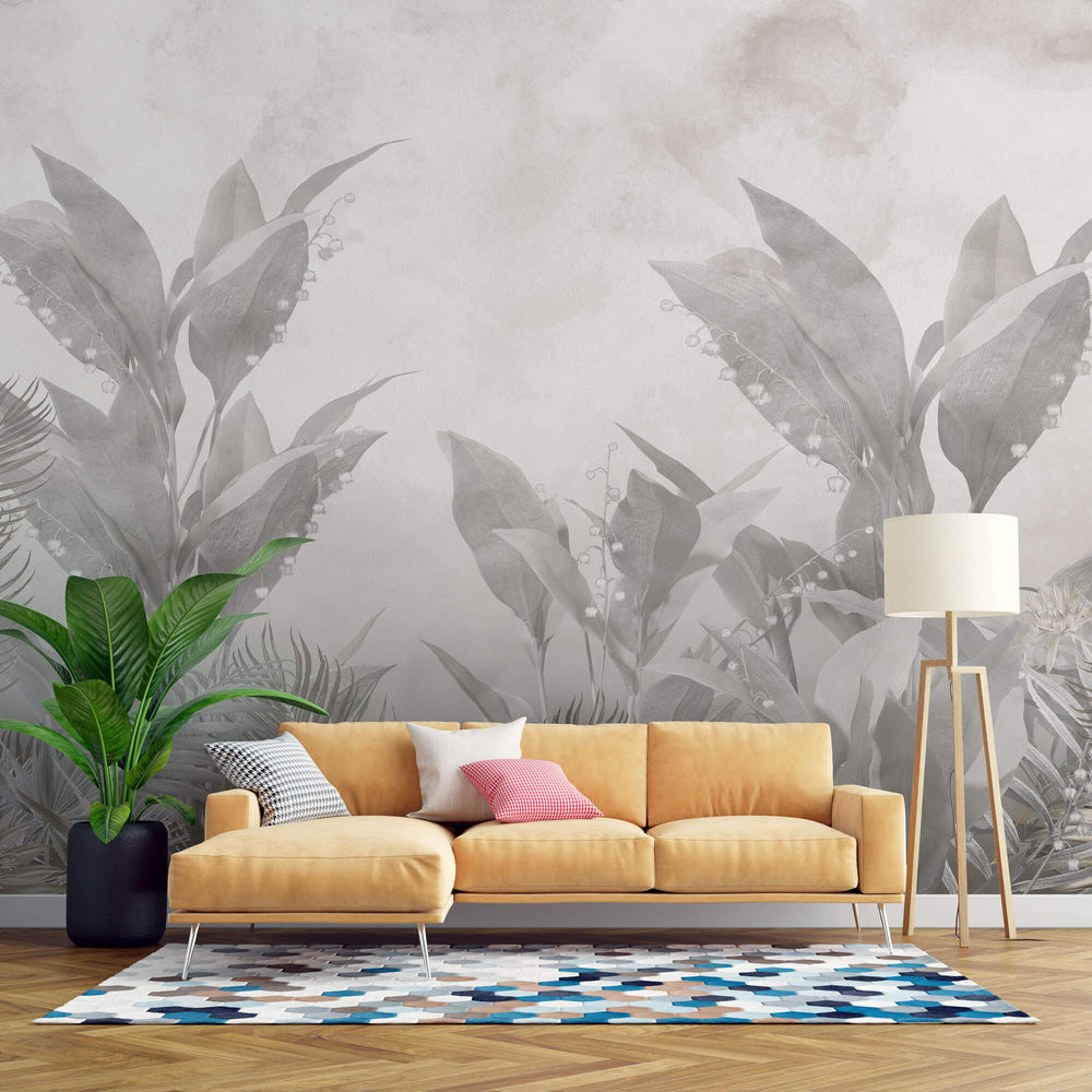Tapet personalizat Tropical cu plante gri si flori de margaritar - TROPICAL LILY OF THE VALLEY