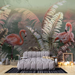 Tapet personalizat Tropical cu palmieri si flamingo roz - GREEN TROPIC FLAMINGO