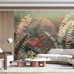 Tapet personalizat Tropical cu palmieri si flamingo roz - GREEN TROPIC FLAMINGO