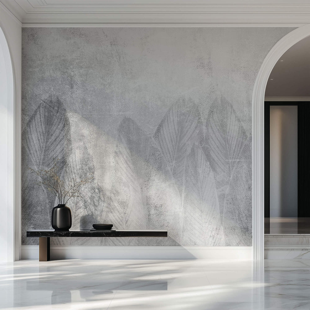 Tapet personalizat Tropical cu frunze gri pe fundal texturat - GREY PRAYER PLANT