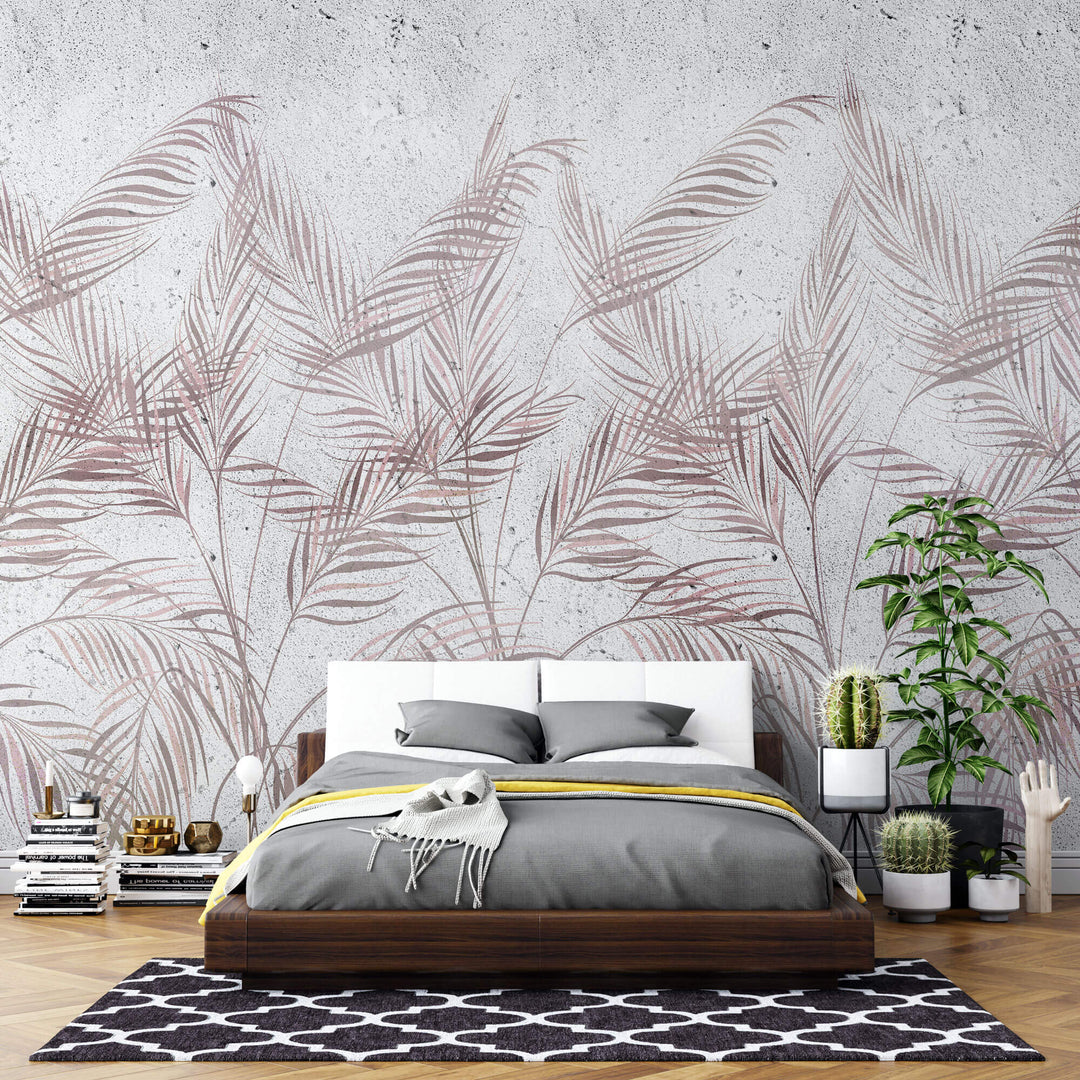 Tapet personalizat Tropical cu frunze de palmier roz si fundal texturat de ciment - DECORATIVE WALL PALMS