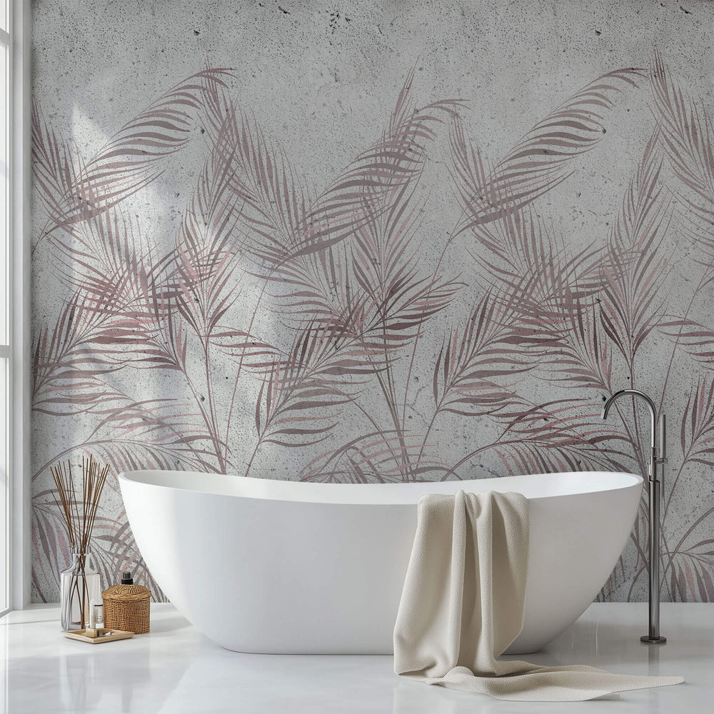 Tapet personalizat Tropical cu frunze de palmier roz si fundal texturat de ciment - DECORATIVE WALL PALMS