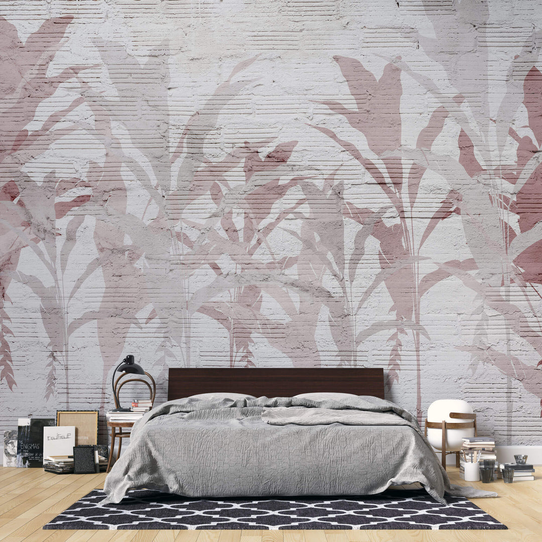 Tapet personalizat Tropical cu frunze de bananier roz pe un fundal texutrat de plaster - PLASTER ABSTRACT JUNGLE