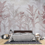 Tapet personalizat Tropical cu frunze de bananier roz pe un fundal texutrat de plaster - PLASTER ABSTRACT JUNGLE