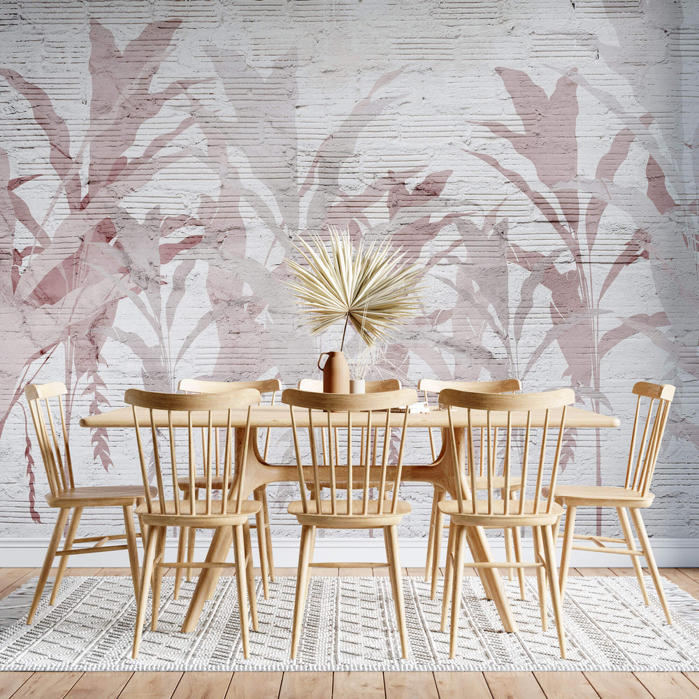 Tapet personalizat Tropical cu frunze de bananier roz pe un fundal texutrat de plaster - PLASTER ABSTRACT JUNGLE