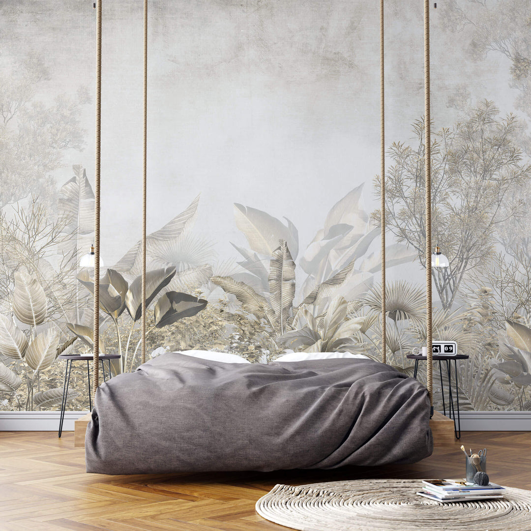 Tapet personalizat Tropical cu plante tropicale in nuante aramii - BRASSY JUNGLE