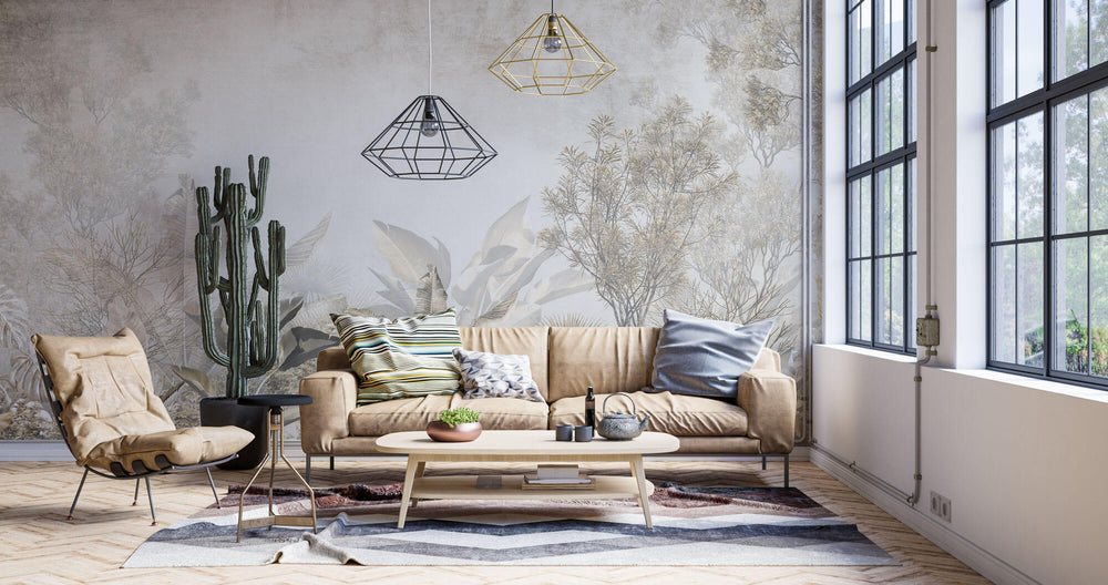 Tapet personalizat Tropical cu plante tropicale in nuante aramii - BRASSY JUNGLE