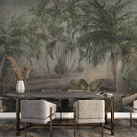 Tapet personalizat Tropical cu palmieri pe un fundal de perete cimentat - VINTAGE TROPICAL