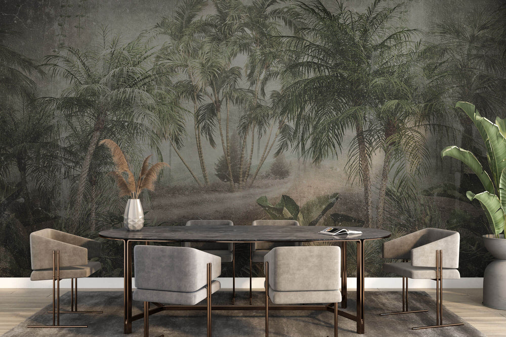 Tapet personalizat Tropical cu palmieri pe un fundal de perete cimentat - VINTAGE TROPICAL