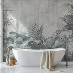 Tapet personalizat Tropical cu plante tropicale pe un fundal de perete cimentat - CONCRETE WALL VEGETATION