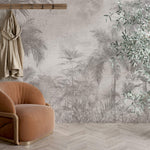 Tapet personalizat Tropical cu plante tropicale pe un perete cu textura de plaster gri - PLASTER STRIPED JUNGLE