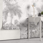 Tapet personalizat Tropical cu plante tropicale pe un perete cu textura de plaster gri - PLASTER STRIPED JUNGLE