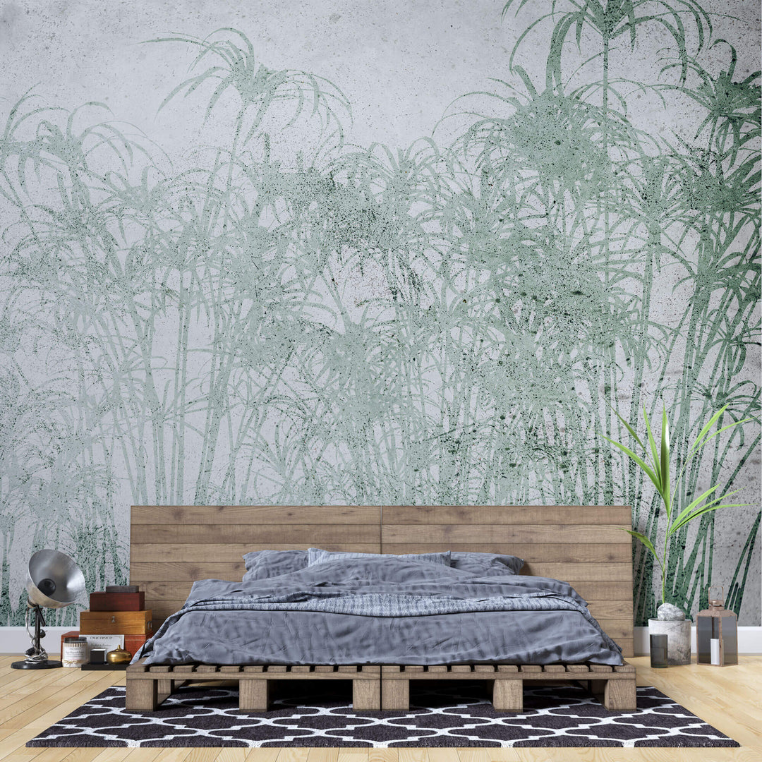 Tapet personalizat Tropical cu palmieri verzi pe un fundal texturat gri de ciment - ABSTRACT CONCRETE BAMBOO