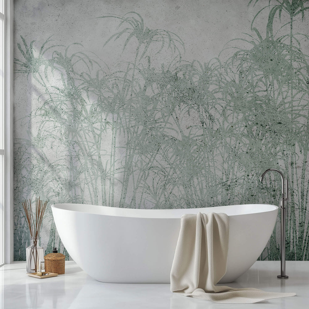 Tapet personalizat Tropical cu palmieri verzi pe un fundal texturat gri de ciment - ABSTRACT CONCRETE BAMBOO