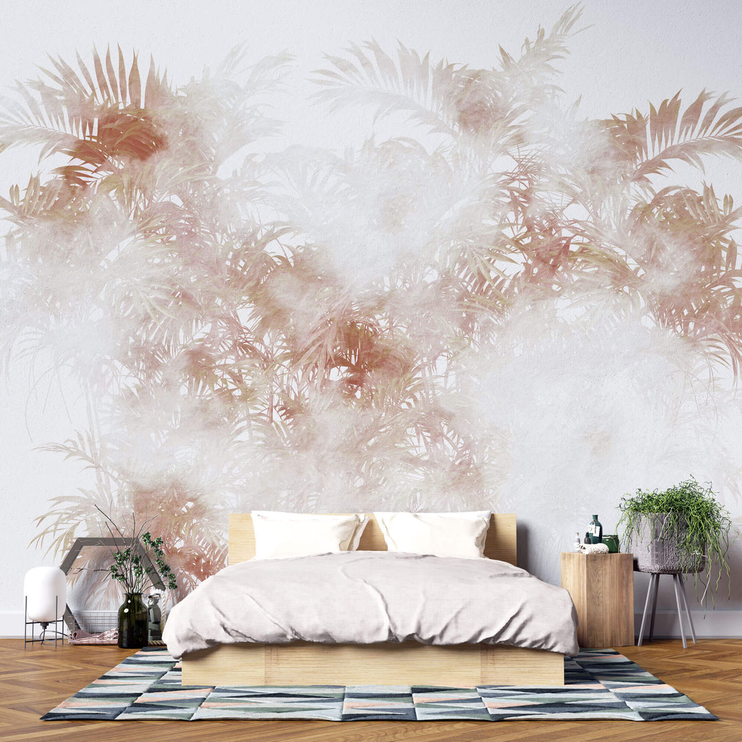 Tapet personalizat Tropical cu palmieri in nuante rosiatice in ceata - STEAMY TROPICAL