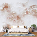 Tapet personalizat Tropical cu palmieri in nuante rosiatice in ceata - STEAMY TROPICAL