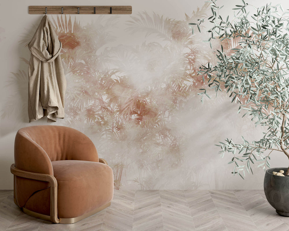 Tapet personalizat Tropical cu palmieri in nuante rosiatice in ceata - STEAMY TROPICAL