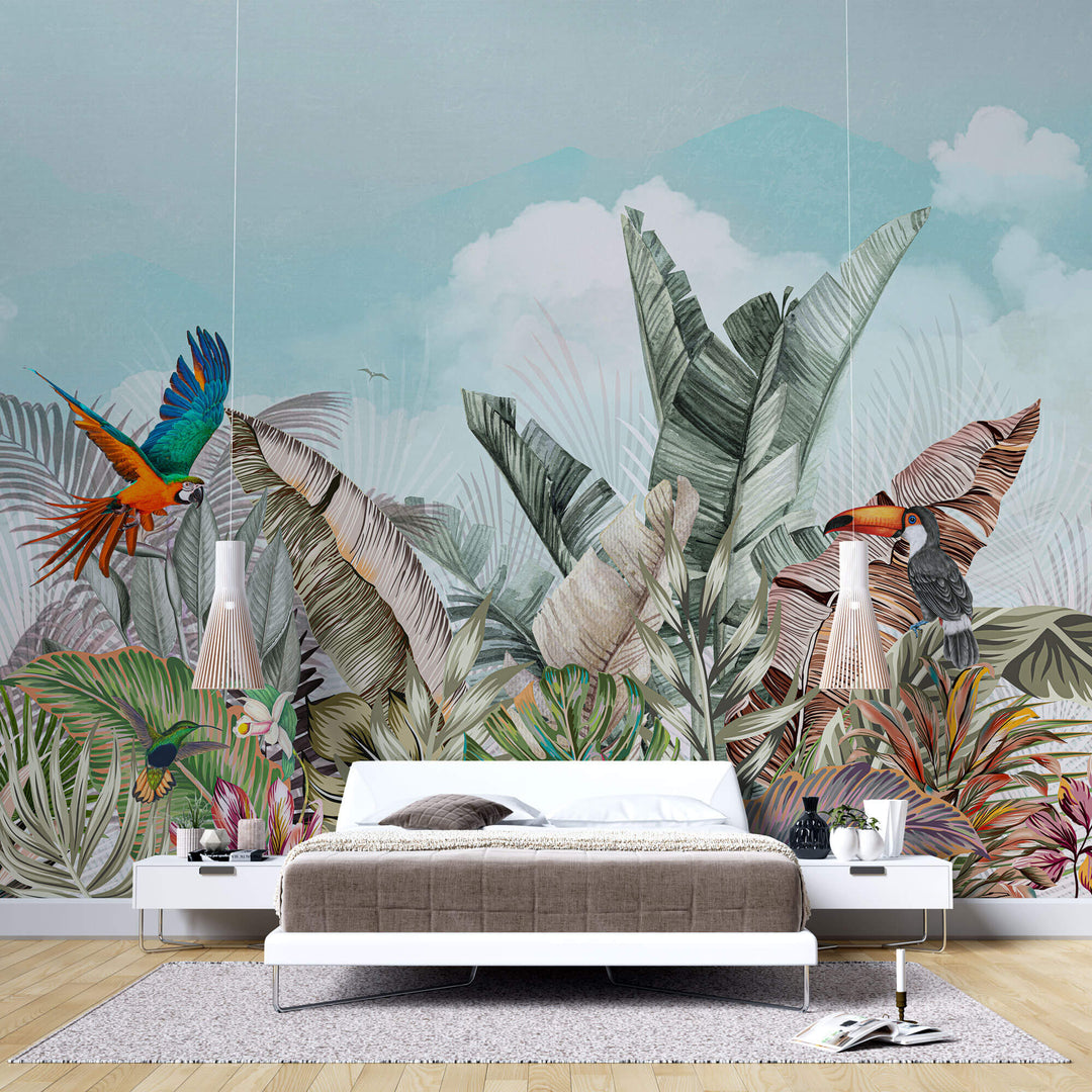Tapet personalizat Tropical cu plante tropicale si papagali exotici - COLORFUL JUNGLE
