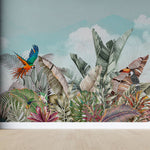 Tapet personalizat Tropical cu plante tropicale si papagali exotici - COLORFUL JUNGLE