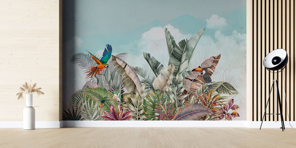Tapet personalizat Tropical cu plante tropicale si papagali exotici - COLORFUL JUNGLE