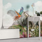 Tapet personalizat Tropical cu plante tropicale si papagali exotici - COLORFUL JUNGLE
