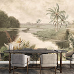 Tapet personalizat Tropical cu peisaj tropical cu floarea paradisului si laguna de apa in nuante de sepia - CRAYON PALM ISLAND SEPIA