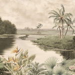 Tapet personalizat Tropical cu peisaj tropical cu floarea paradisului si laguna de apa in nuante de sepia - CRAYON PALM ISLAND SEPIA