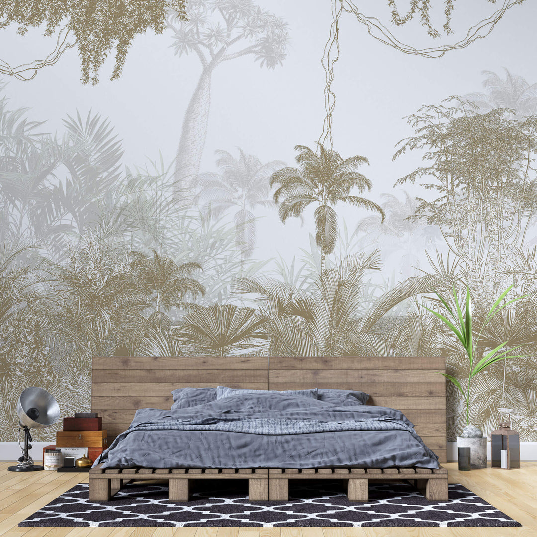 Tapet personalizat Tropical cu peisaj tropical ilustrat abstract in nuante de bej - BEIGE JUNGLE ILLUSTRATION