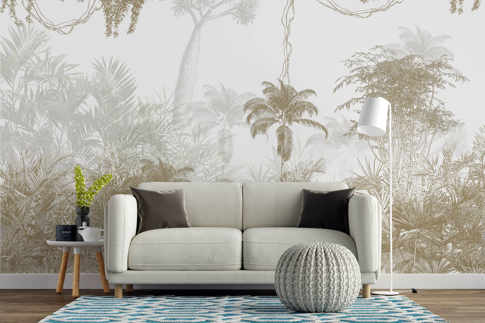 Tapet personalizat Tropical cu peisaj tropical ilustrat abstract in nuante de bej - BEIGE JUNGLE ILLUSTRATION