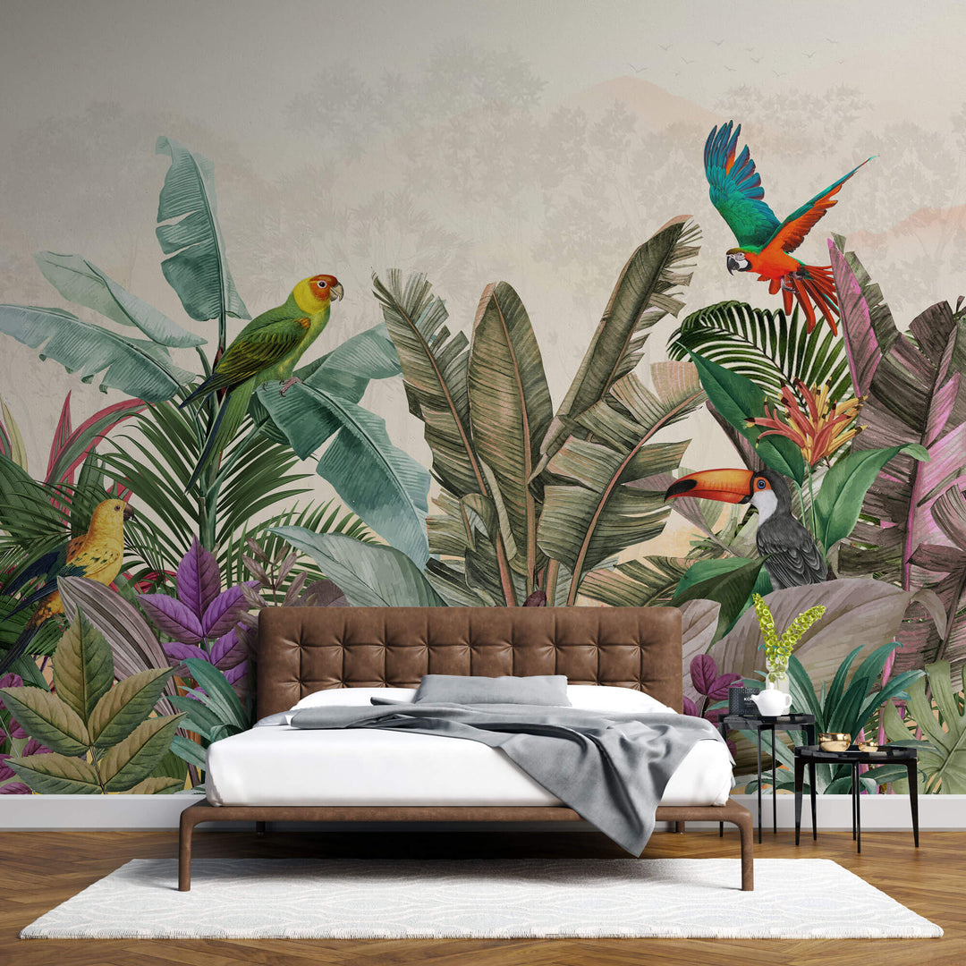 Tapet personalizat Tropical cu plante si papagali exotici - PARROTS AT DAWN