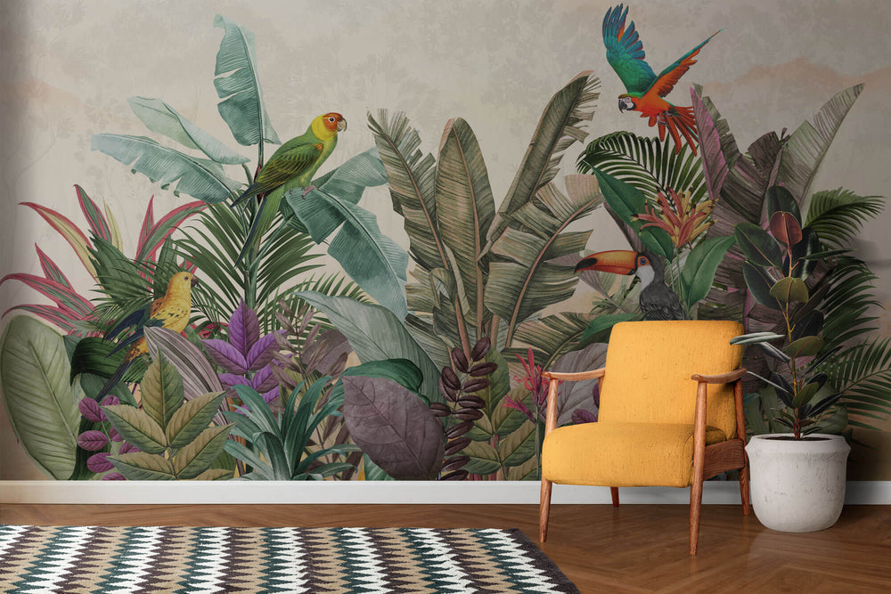 Tapet personalizat Tropical cu plante si papagali exotici - PARROTS AT DAWN