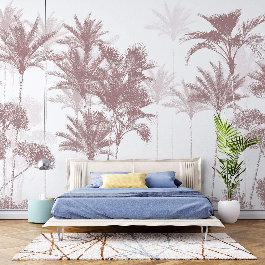 Tapet personalizat Tropical cu copaci tropicali in nuante de rosiatice - PLUM PALMS